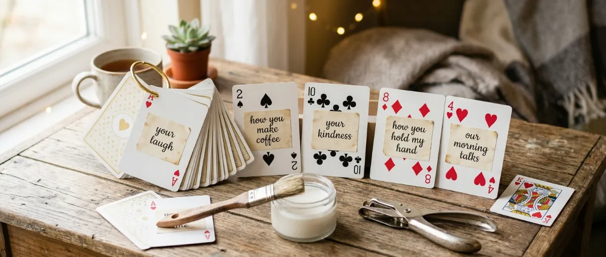 Playing cards bound with a gold ring, each with a small handwritten reason glued on, beside a pot of decoupage glue, a brush and a hole punch