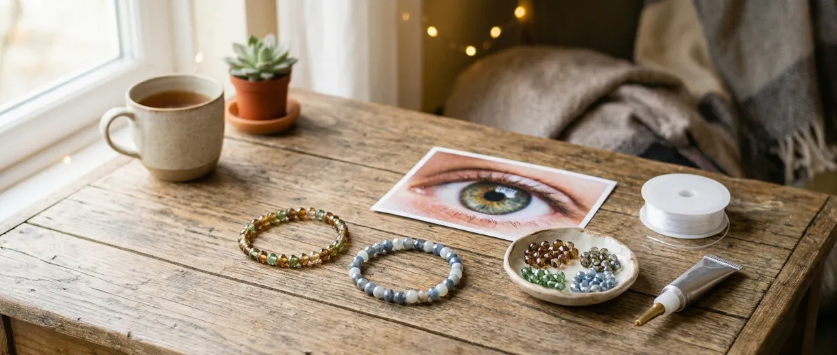Two beaded stretch bracelets in hazel-green and blue-grey glass beads next to a printed close-up of an eye, a dish of sorted beads, clear stretch cord and a glue tube on a wooden desk