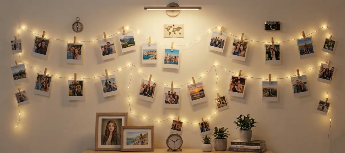 A wall of instant-style photo prints hung with tiny wooden clips on three strands of warm fairy lights above a small shelf
