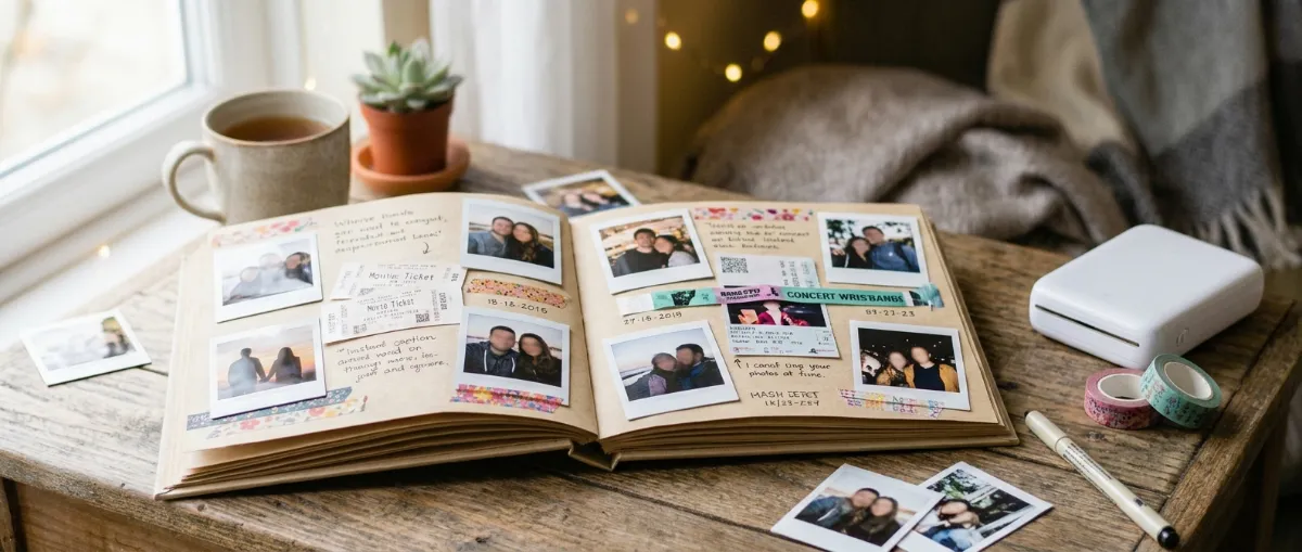 An open scrapbook album filled with small photo prints, ticket stubs, handwritten captions and washi tape, with a mini photo printer beside it