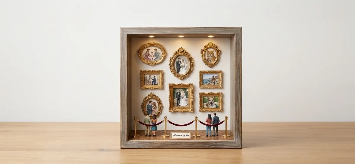 A rustic wood shadow box set up as a tiny museum: gold mini frames of a couple and their pets, small ceiling lights, a velvet rope line, four tiny visitors and a Museum of Us nameplate