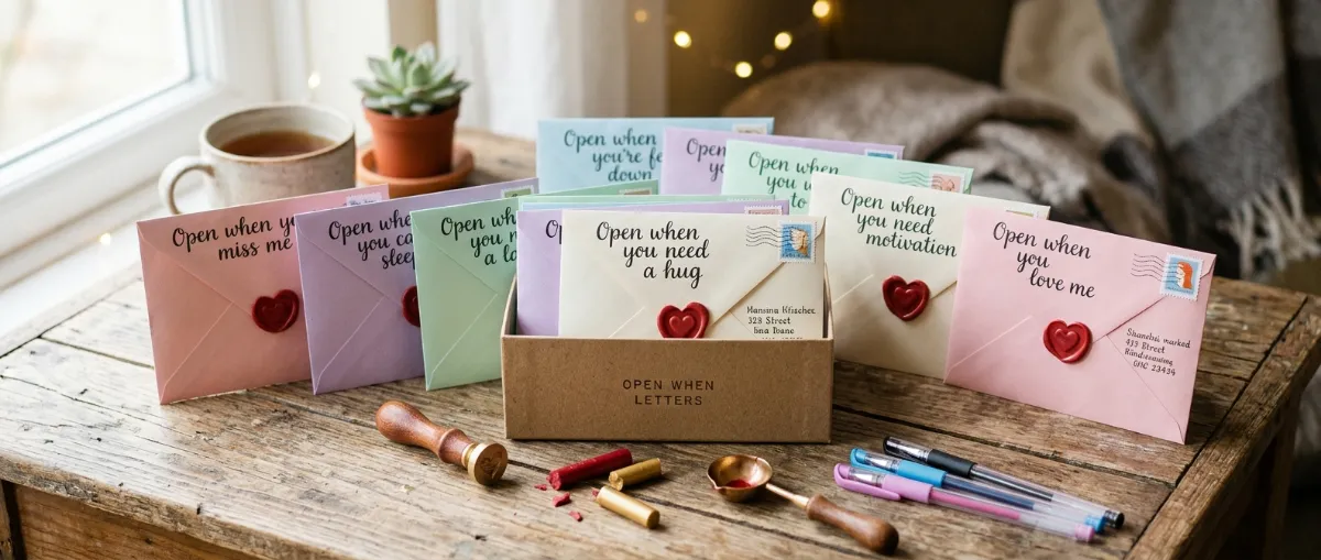 Pastel envelopes hand-lettered with open when notes and closed with red heart wax seals, standing in a kraft box next to a wax seal stamp and gel pens