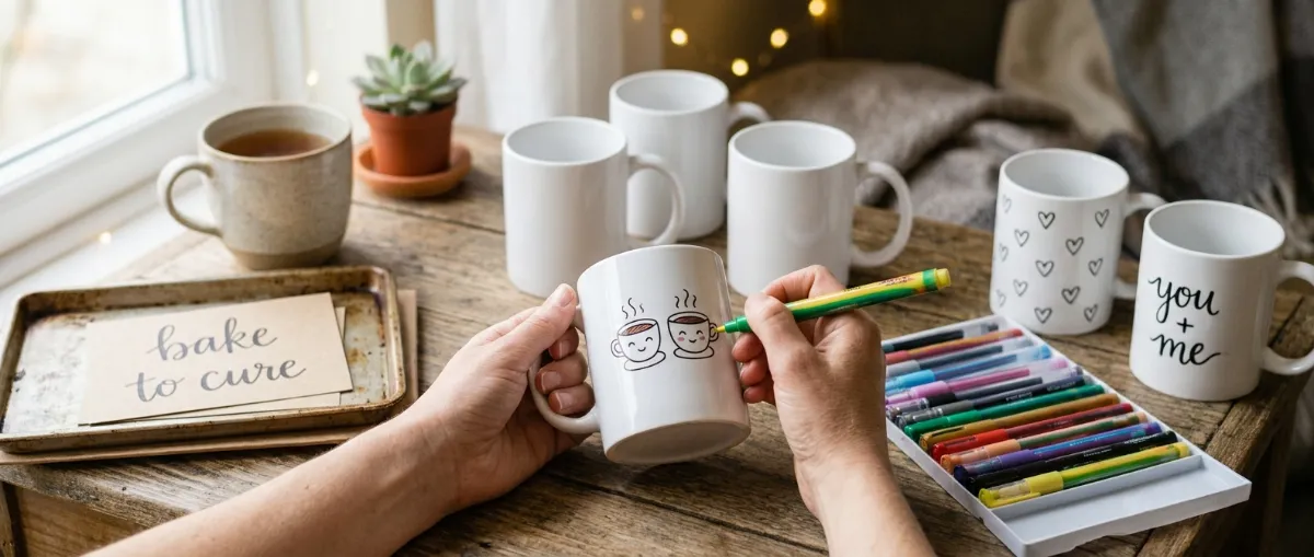 Hands doodling two smiling coffee cups on a plain white mug with a paint pen, next to blank mugs, a set of paint pens, two finished mugs and a bake-to-cure tray