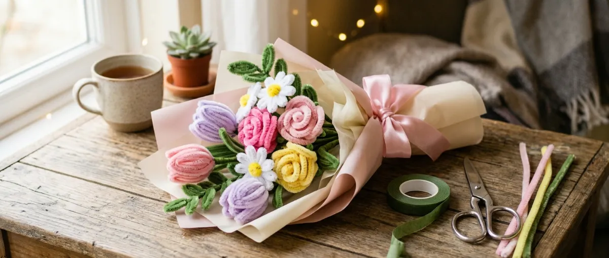 A bouquet of fluffy pipe cleaner tulips, roses and daisies wrapped in florist paper with a satin bow, next to loose pipe cleaners and floral tape