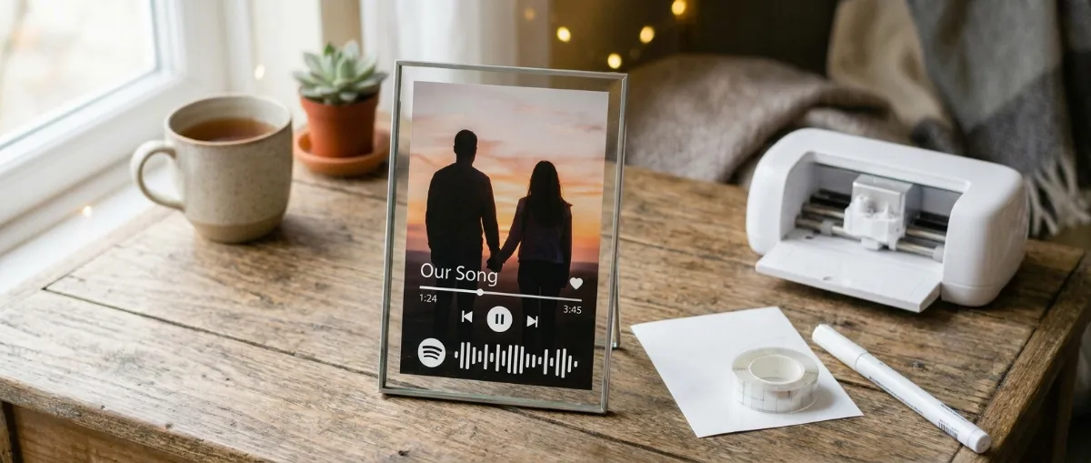 A floating glass frame with a sunset photo of a couple behind white vinyl reading Our Song, with a play bar and a scannable song code, next to vinyl, transfer tape, a white paint marker and a small cutting machine